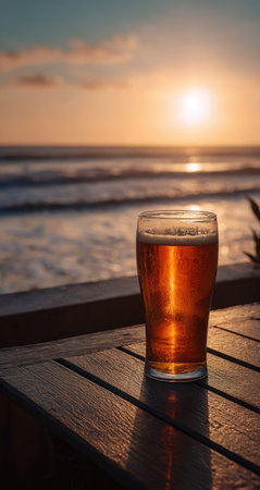 A glass of amber beer sits on a wooden surface against a blurred ocean horizon illuminated by the setting sun. The composition features a warm, golden color palette and soft lighting. The image suggests relaxation and leisure, suitable for various promotional and editorial applications.の素材
