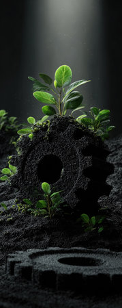 An image showcases a gear wheel covered in dark soil, with vibrant green plants sprouting from its center. The composition features a moody, low-key lighting and a dark background. This symbolic visual could be used to illustrate concepts related to environment, innovation, and sustainability. It is suitable for diverse commercial and editorial applications.の素材