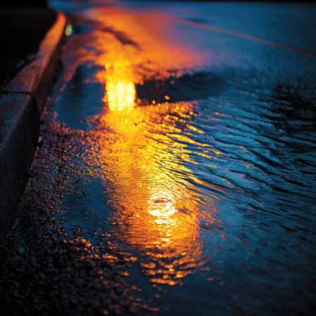 A close-up captures a wet street reflecting warm orange light against cool blues. The textured surface shows ripples and patterns from recent rainfall, illuminated by streetlights. The composition creates a mood of urban tranquility, suitable for various editorial and commercial applications. The scene suggests a night environment.の素材