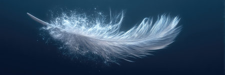 A single, white feather floats against a deep blue background in this abstract composition. The image showcases soft textures and subtle shading, possibly created by light. This could be used for various purposes, including graphic design, advertising, and editorial content.の素材