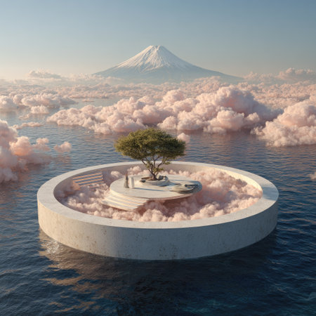 A circular platform floats on water, supporting a tree and small structures, with a mountain visible in the distance. The scene features fluffy clouds and a soft, diffused light, suggesting a calm and peaceful environment. The image uses a digital art style. Suitable for conceptual illustrations and designs.の素材