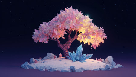 An illustrated fantasy scene presents a tree with vibrant pink and yellow leaves. It's set upon a mound of white sand with scattered rocks. A large crystal formation glows blue nearby. The composition uses a dark background to highlight the central subjects, suitable for digital art applications and various creative projects.の素材