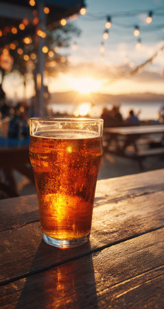 A glass of beer stands on a wooden table, illuminated by warm sunlight. The golden liquid contrasts with the dark wood and blurred background. The scene suggests an outdoor setting, possibly a restaurant or bar, creating a relaxing atmosphere. Suitable for use in lifestyle or advertising projects.の素材