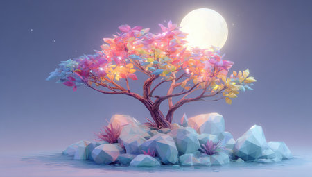 An illustration depicts a vibrant tree with rainbow-colored leaves, set against a soft night sky. The stylized image features large rocks and a glowing moon, with a subtle gradient effect. This digitally rendered artwork is suitable for use in design projects, educational materials, and various visual media.の素材