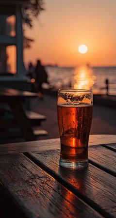 A glass of beer is placed on a wooden table, capturing the warm glow of a sunset. The image displays a close-up of the beer glass with a blurred backdrop of water and sky. The composition showcases rich colors and a soft lighting, potentially suitable for advertising or editorial content about leisure.の素材