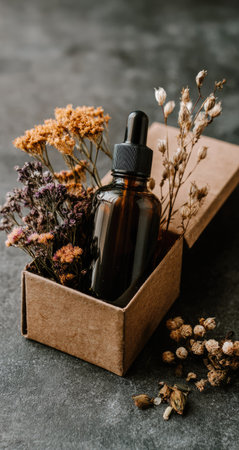 An essential oil bottle sits within a small open cardboard box, accompanied by various dried flowers. The image showcases an overhead perspective, with a soft, natural lighting. This composition, in earthy tones, would be ideal for illustrating wellness, beauty, or cosmetic products for promotional use.の素材
