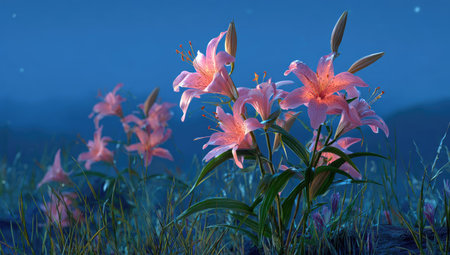 This image presents blooming lilies illuminated by gentle light. The scene showcases pink flowers with green foliage, set against a dark blue background suggestive of twilight or night. Suitable for commercial applications, the image could be used for various projects, emphasizing beauty and nature.の素材