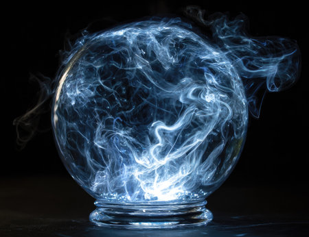 An illuminated sphere of swirling energy dominates the frame, set against a dark backdrop. The glass-like ball is filled with glowing, wispy patterns in shades of blue and white, suggesting mystical forces. The image is likely suited for a range of uses, including editorial pieces and various design applications.の素材