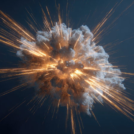 A dynamic image showcases a central explosion of smoke and light. The composition features a textured cloud with emanating lines of sparks. The scene takes place against a dark backdrop. Suitable for a range of creative and commercial applications needing visual impact.の素材
