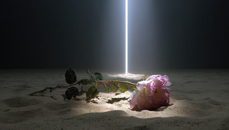 A single rose lies on a sandy surface, bathed in a dramatic beam of light. The composition features a contrast of light and shadow, with the flower in soft focus. The scene evokes a sense of stillness and contemplation, suitable for creative projects and illustrative uses.の素材