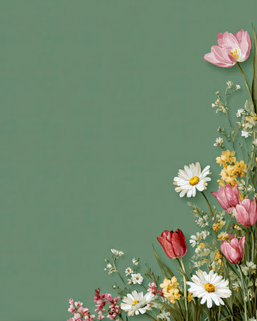 This floral illustration presents tulips and daisies against a solid green backdrop. The composition features a cluster of flowers in various colors including pink, red, and white. The artwork utilizes soft lighting and is suitable for diverse design projects. Ideal for use in print or digital media for decorative or commercial purposes.の素材