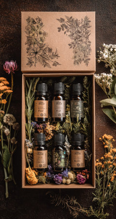 An overhead shot presents a gift box containing multiple essential oil bottles. The box, adorned with botanical illustrations, is surrounded by an assortment of flowers and foliage. The lighting appears soft, suggesting an indoor setting. This image may be suitable for wellness, aromatherapy, or product promotion materials.の素材