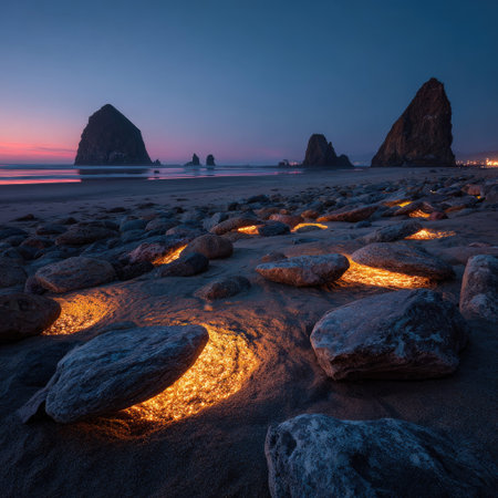 This image portrays a serene beach at dusk, showcasing glowing rocks in the foreground and majestic rock formations in the distance. The composition is lit by soft, warm light contrasting against a cool, blue sky. The scene evokes a sense of tranquility and could be suitable for various editorial and commercial applications.の素材