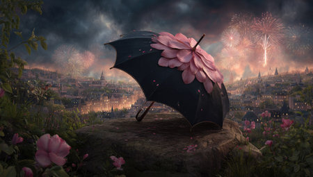 An open umbrella with a floral pattern is displayed against a city skyline. The image features a blend of natural and fantastical elements with a dark color palette. The composition includes flowers and an artistic lighting that could be suitable for various commercial and artistic projects.の素材