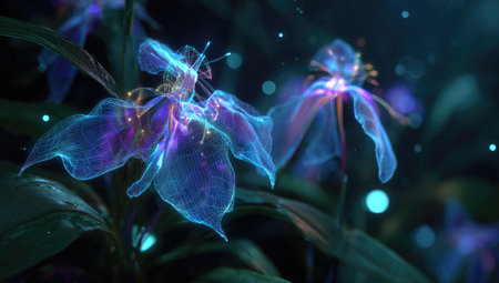 The image showcases abstract glowing flowers in a dark setting. The flowers have a blue and purple luminescence with ethereal light. The composition features a shallow depth of field, with light effects. This image is suitable for commercial and editorial applications and can be used to represent concepts such as fantasy or science fiction.の素材