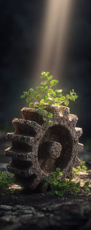 An aged gear wheel, overgrown with vibrant green foliage, stands prominently. The image displays a strong contrast between the rusted metal and the fresh plant life. Overhead, a shaft of light illuminates the scene. Suitable for a range of creative projects, this image conveys themes of growth and renewal.の素材