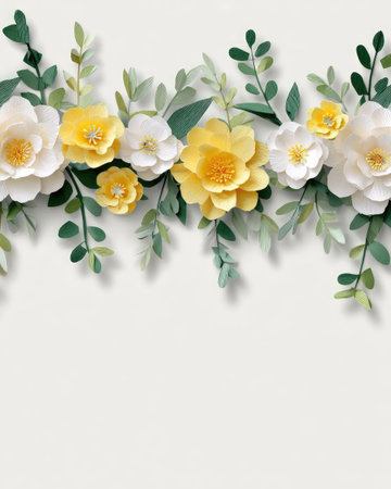This image features a detailed floral arrangement created with paper flowers and foliage. The composition showcases yellow and white blooms complemented by green leaves. The overhead lighting highlights the texture of the paper, creating a bright and clean aesthetic suitable for various design applications. It would be appropriate for editorial and commercial use.の素材