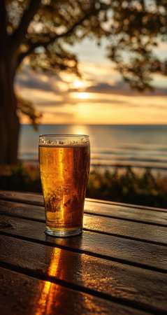 A glass of beer is placed on a weathered wooden table. The image features warm tones and golden hues, with the liquid in the glass illuminated by a setting sun. The backdrop showcases a beach and ocean under a vibrant sky. Suitable for use in editorial content or advertising campaigns.の素材