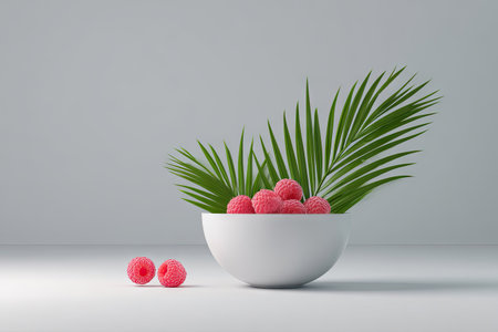 A white bowl holds fresh raspberries accompanied by vibrant green palm leaves. The scene is illuminated by soft, even lighting, highlighting the fruit's texture. This image, set against a plain backdrop, suggests uses for healthy eating, food styling, or decorative concepts.の素材