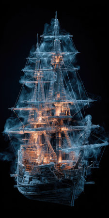 A spectral ship is depicted, shrouded in a smoky, translucent effect against a stark black background. The vessel's structure, including masts and rigging, is subtly suggested. Soft lighting illuminates parts of the ship, offering a sense of depth and ethereal atmosphere. Suitable for use in conceptual designs or editorial content.の素材