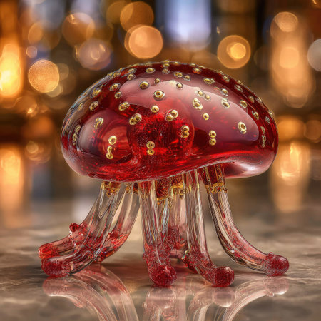 This image presents a close-up of a glass jellyfish sculpture. The red and gold colors, along with the detailed texture and lighting, create a captivating visual effect. It has a slightly blurred background, adding depth. This image can be used for artistic or design purposes.の素材