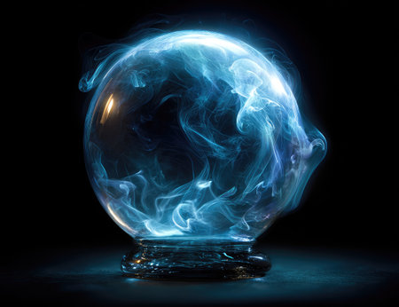 A crystal ball glows with swirling blue energy against a dark backdrop. The transparent sphere, set on a pedestal, is illuminated by internal light and surrounded by smoke-like wisps. This artistic representation could be used in various commercial applications, including those related to fantasy or conceptual themes.の素材