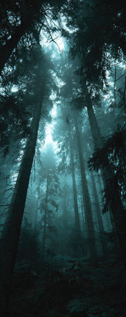 An upward perspective captures the serene ambiance of a forest. The image shows tall trees against a misty backdrop. The visual characteristics include dark greens and blues. This image could be used for nature-themed projects, environmental studies, or design elements, offering a sense of the outdoors.の素材