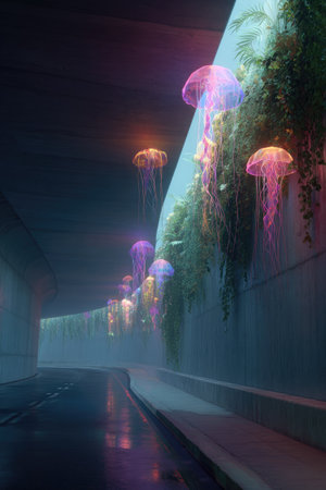 A vibrant visual presents several jellyfish illuminated with radiant colors, hovering in a dimly lit, futuristic tunnel setting. The composition features rich blues and purples, complemented by streaks of overhead light. This conceptual art could be used for various projects, including editorial illustrations or commercial designs.の素材