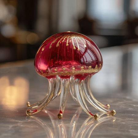 A glass jellyfish sculpture is the focal point, exhibiting vibrant red and gold accents. The transparent tentacles and rounded body create visual interest. Captured indoors, the composition features selective focus on a reflective surface, potentially for decorative purposes or artistic illustrations.の素材