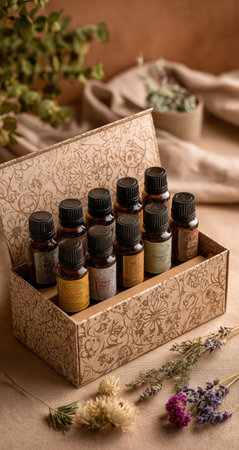 A collection of essential oil bottles are arranged inside a patterned box, positioned on a textured surface. The image highlights the variety of amber-colored bottles and the box's decorative details. The lighting suggests an indoor setting, with soft colors and natural elements. It could be used for wellness, health, or aromatherapy content.の素材