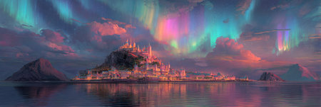 A digital painting shows a silhouette of a city on a small island reflected in the water beneath. The sky is filled with a colorful aurora borealis. The composition utilizes a dreamlike, soft style with a palette of blues, purples, and pinks. This image could be used for conceptual or illustrative purposes.の素材