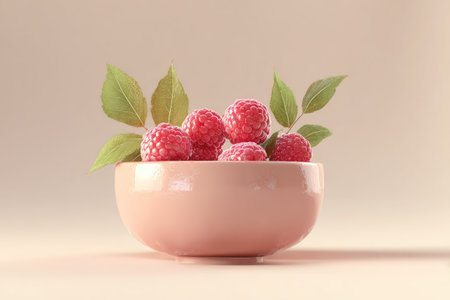 A close-up captures a bowl filled with vibrant red raspberries, accompanied by green leaves. The composition is set against a soft, light-colored backdrop. The image utilizes soft lighting and is suitable for various commercial uses, including advertising and editorial content.の素材
