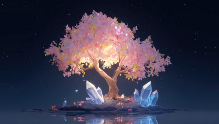 An illustrated tree with pink blossoms is the focal point, illuminated against a dark environment. The scene showcases reflective surfaces, sparkling crystals, and soft lighting effects. This fantasy-themed imagery could be suitable for digital art, design projects, and various visual content.の素材