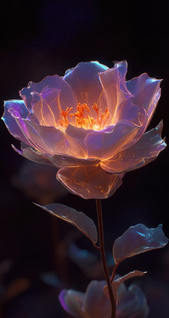 A close-up view presents a flower with translucent petals, lit from within. The image showcases a surreal aesthetic with vibrant hues of purple, orange and hints of blue against a dark backdrop. This artistic illustration is well-suited for a variety of creative and commercial applications.の素材