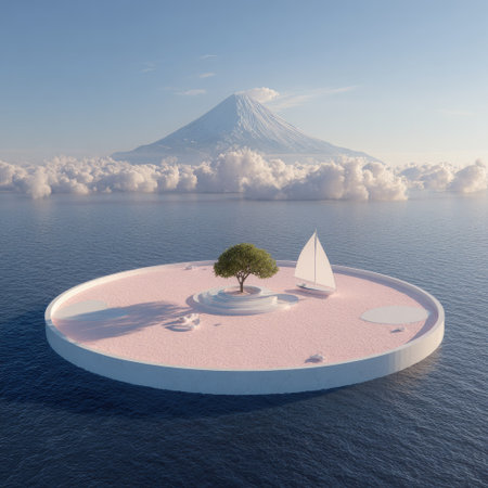 A surreal landscape features a circular island with a solitary tree and a small sailboat. The scene is dominated by soft colors, with a pale pink island surface contrasting with the blue water and sky. The composition suggests a serene and contemplative environment, potentially suitable for creative projects or artistic illustrations.の素材