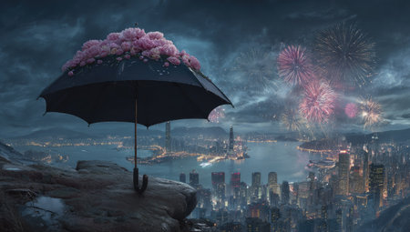 An artistic composition features an open umbrella adorned with vibrant pink blossoms set against a fantastical cityscape at night. The scene is illuminated by fireworks, with a backdrop of a silhouetted skyline and water. This image could be suitable for various commercial or editorial applications.の素材
