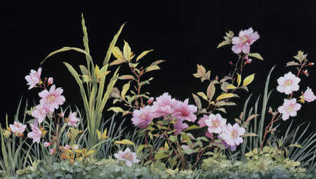 This image showcases a floral illustration with pink blossoms and various green leaves and stems. The arrangement is set against a solid black backdrop, providing contrast. It displays a delicate style, potentially suitable for decorative projects and various commercial purposes where a floral theme is desired.の素材
