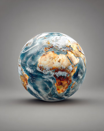 A detailed rendering of planet Earth floats against a neutral gray backdrop. The globe displays continents and oceans with realistic textures and colors. The lighting suggests a studio environment, potentially suitable for educational resources, environmental awareness campaigns, or commercial presentations.の素材