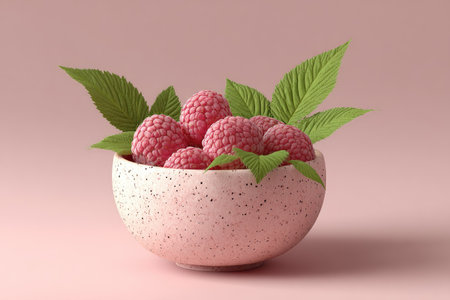 A close-up shot displays ripe raspberries nestled within a speckled ceramic bowl, complemented by vibrant green leaves. The composition is set against a soft pink backdrop, with overhead lighting creating gentle shadows. This image could be used for various commercial projects related to food, health, or lifestyle themes.の素材