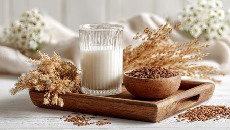 A close-up captures a glass of milk alongside a wooden bowl filled with flax seeds, presented on a wooden tray. The image showcases natural textures and warm tones. The composition and lighting create a sense of freshness suitable for illustrating food, health, and wellness, promoting concepts of nutrition.の素材