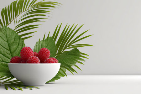 A white bowl holds several ripe, red raspberries, set against a backdrop of lush green leaves. The composition is clean and simple with soft lighting and a neutral background. This image is suitable for use in various contexts, including editorial content and promotional materials.の素材