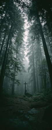 An evocative image depicts a dark forest interior. The scene features tall trees and a cross. The lighting is soft and diffused, creating a sense of mystery and introspection. Ideal for conceptual or editorial uses, the image has potential for various applications.の素材
