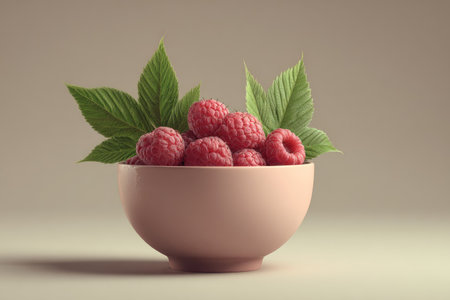 A close-up image showcases vibrant red raspberries nestled in a pink bowl, adorned with fresh green leaves. The composition is set against a soft, neutral background, bathed in diffused lighting. Ideal for illustrating themes related to health, nutrition, and natural foods, this image is suitable for various commercial uses.の素材