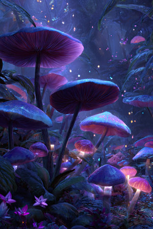 This image features a collection of oversized, glowing mushrooms in a mystical forest setting. The scene is dominated by shades of purple and blue, with soft lighting and a dreamlike composition. It showcases an imaginative visual, suitable for various creative projects and editorial purposes.の素材
