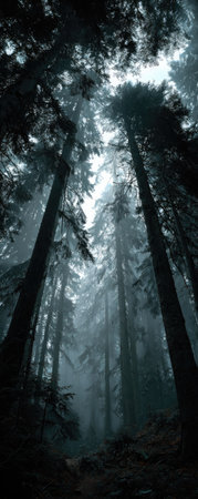An upward perspective captures tall trees in a forest environment. The composition features a dark color palette with misty atmosphere. The branches reach upwards creating a sense of height. This imagery might be used for editorial illustrations, environmental projects, or concept-driven visual communications.の素材
