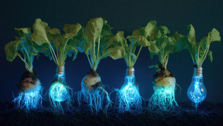 This image showcases a creative concept of plants with roots resembling light bulbs, illuminated with bright blue light. The composition features a row of plants against a dark background, highlighting the contrast. The image's surreal and innovative style suits conceptual projects and designs, offering possibilities for illustrating themes related to ideas.の素材