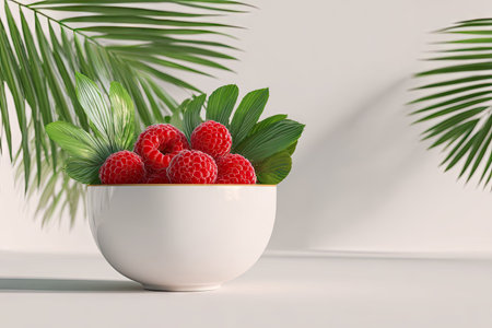 A white bowl filled with ripe red raspberries and green leaves is presented against a neutral backdrop. The composition features soft lighting and a clean aesthetic. Suitable for food-related projects, editorial content, and various commercial applications that highlight natural food and its presentation.の素材