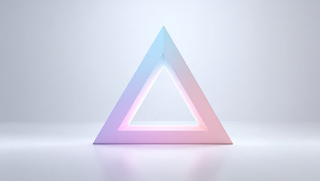 A three-dimensional triangle form exhibits a soft gradient of pink, blue, and purple hues against a white backdrop. The composition features clean lines and a minimalist aesthetic. This image is suitable for use in design projects, presentations, and various commercial applications that require abstract elements.の素材