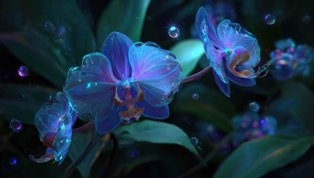 This digital art piece features vibrant blue orchids illuminated against a dark background, creating a captivating visual effect. The composition employs a shallow depth of field, emphasizing the delicate petals and intricate details. The artwork showcases a fantasy style, suggesting potential use in various design projects.の素材
