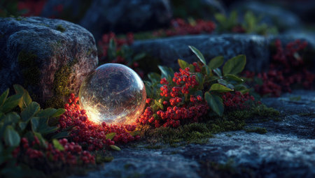 An illuminated orb rests amid stones and plant life. The image features a shallow depth of field, with focused lighting highlighting the orb's surface. Dark greens and reds contrast with the illuminated center. This could be used for fantasy, conceptual, or illustrative content in various media.の素材